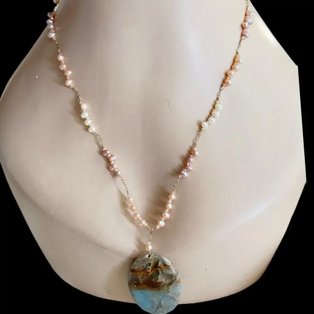 26” Fresh Water Pearls Copper Wire Ocean Jasper Necklace Estate Find Pink Gray